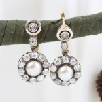 Pendientes antiguos de diamantes talla europea antigua y perlas en oro 18K