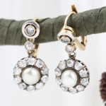 Pendientes antiguos de diamantes talla europea antigua y perlas en oro 18K