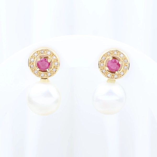 Pendientes convertibles con rubíes, diamantes y perla en oro amarillo 18K