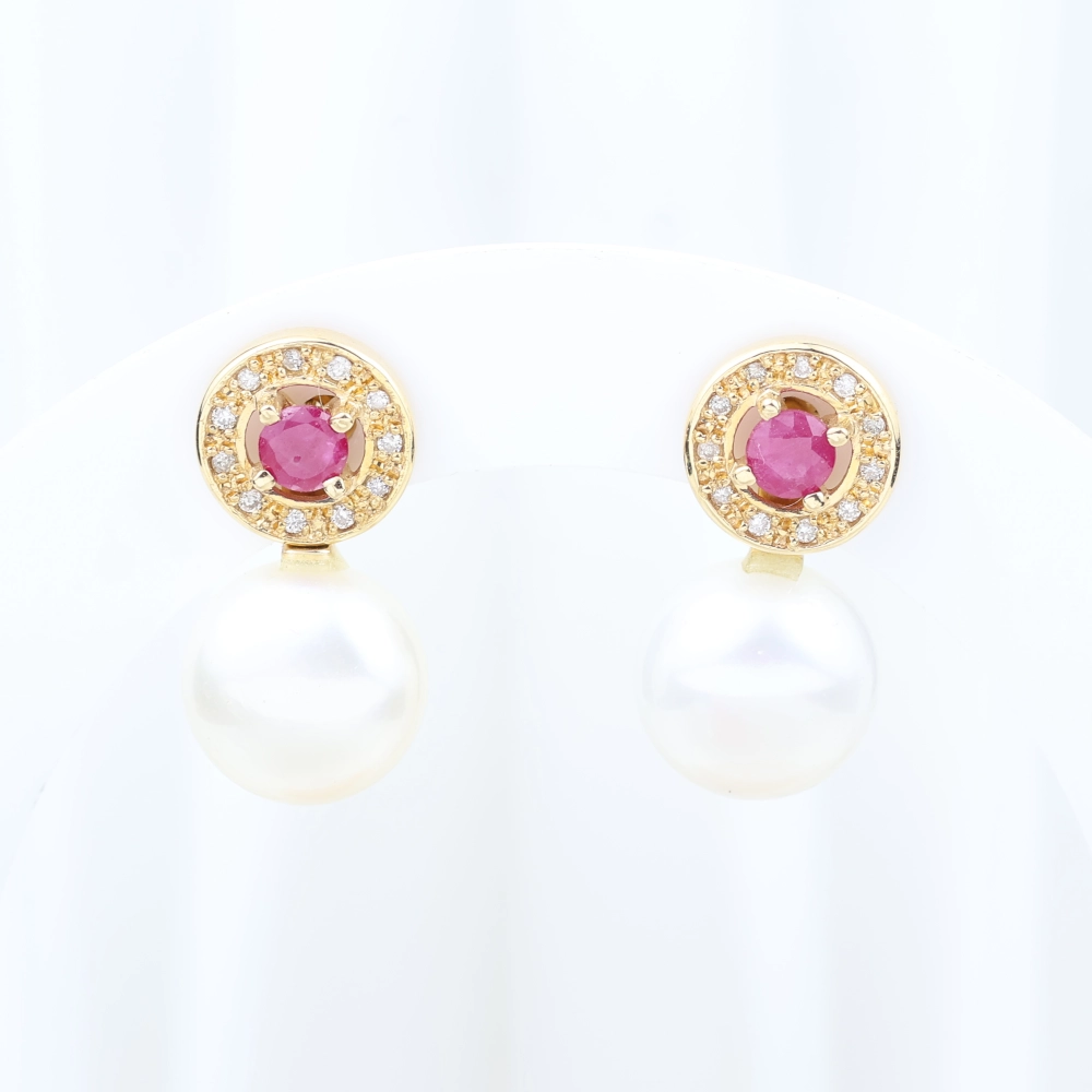 Pendientes convertibles con rubíes, diamantes y perla en oro amarillo 18K