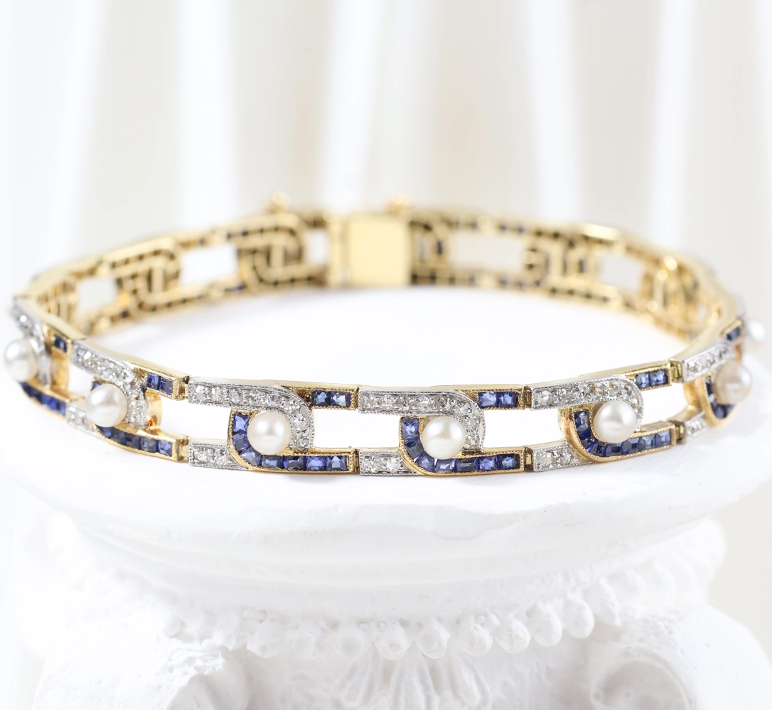 Pulsera vintage con diamantes, zafiros y perlas